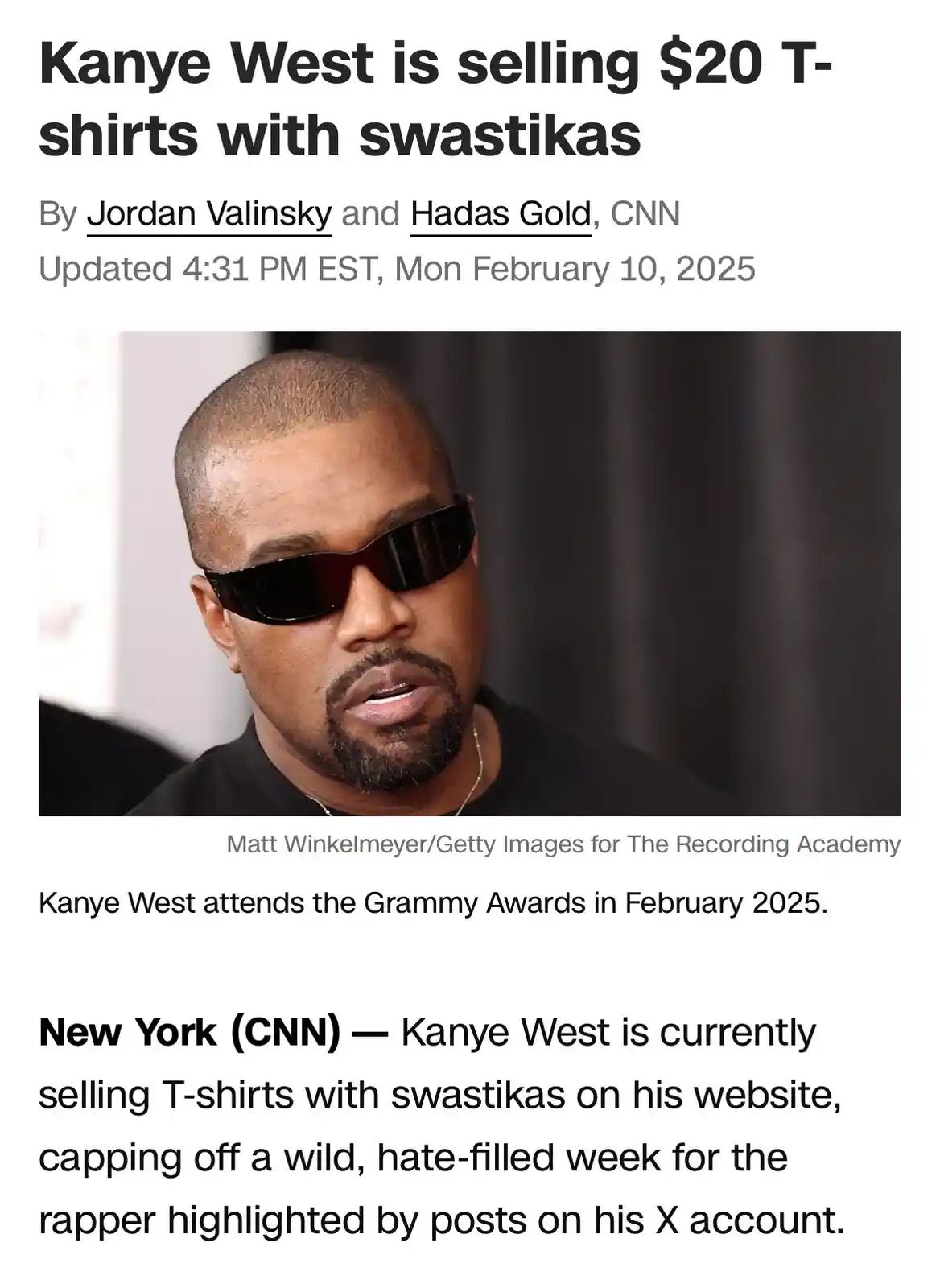 The image shows a screenshot of a CNN news article from February 10, 2025, featuring a photo of Kanye West wearing…