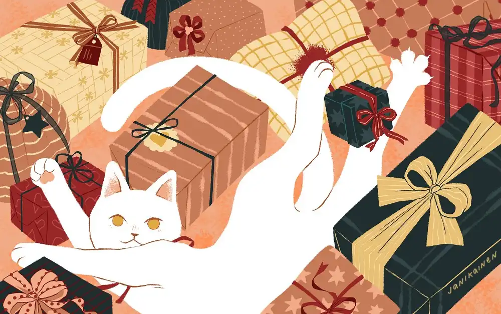 A white cat is sprawled out among numerous wrapped Christmas presents, its paws raised in a relaxed, lounging pose. The cat…