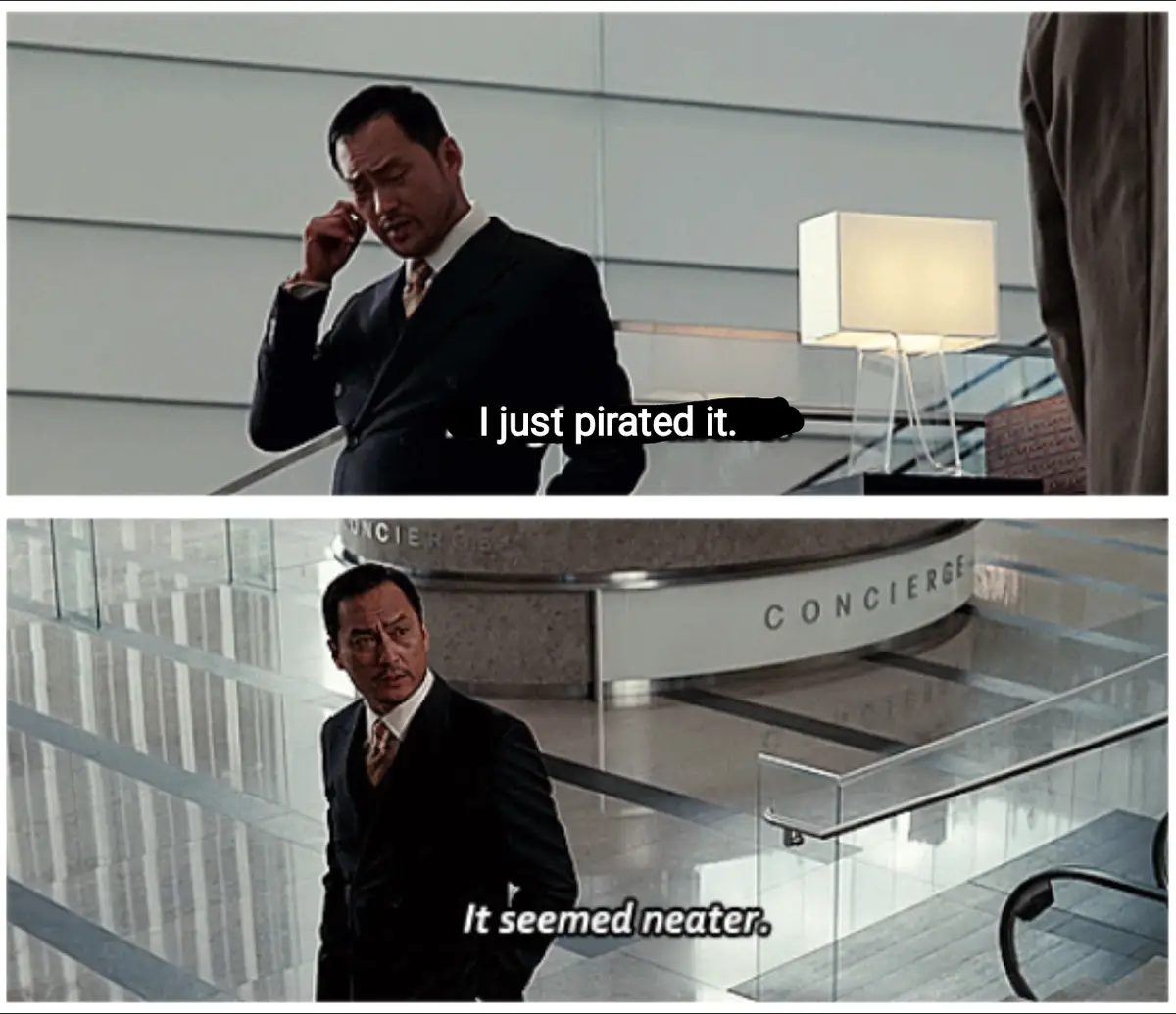 The image is a two-panel meme featuring actor Keanu Reeves in a scene from 'The Matrix Reloaded'. In the top panel, he looks…