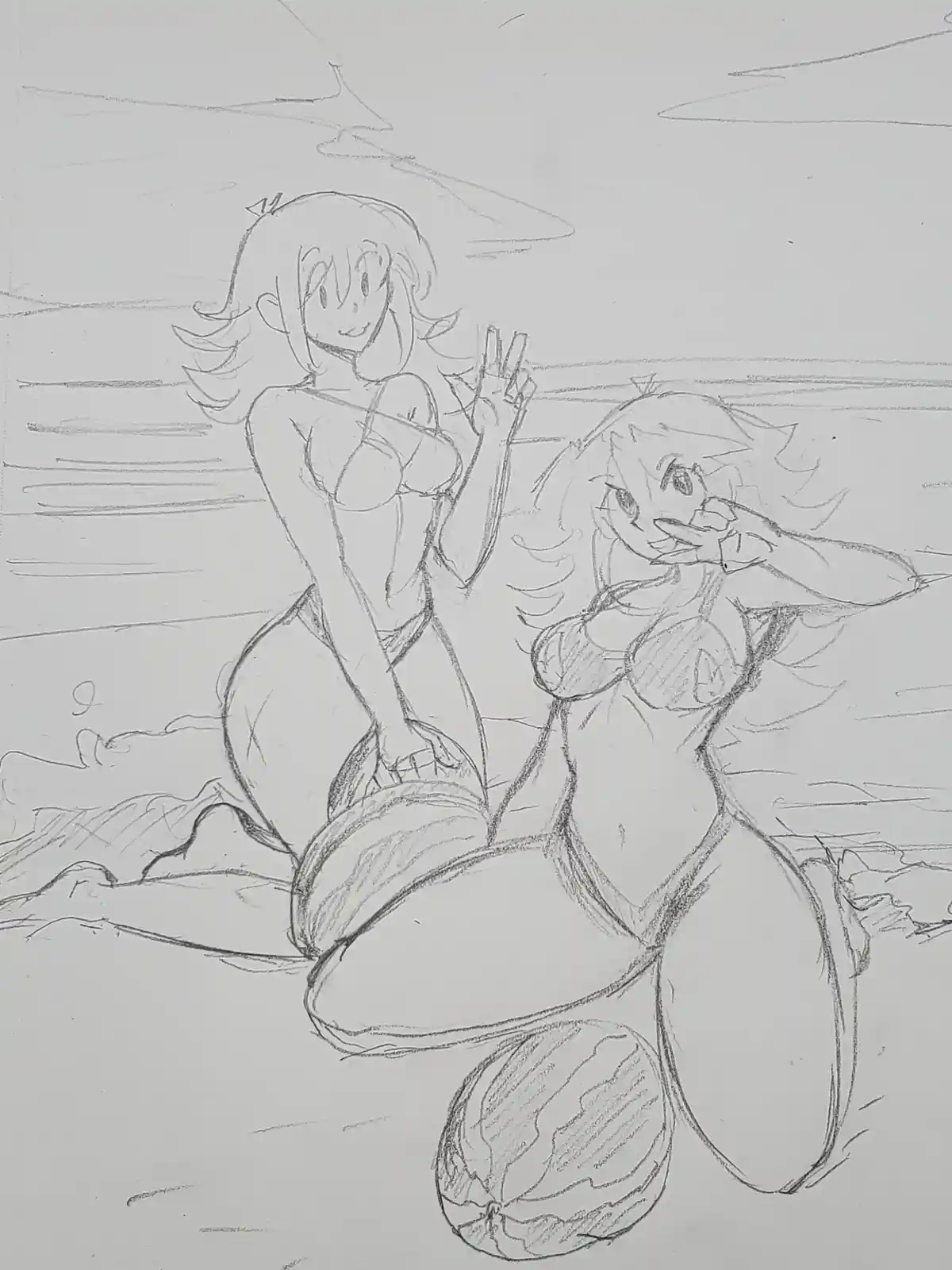 A pencil sketch shows two anime-style mermaids on a beach, one waving and the other covering her mouth. A watermelon sits…