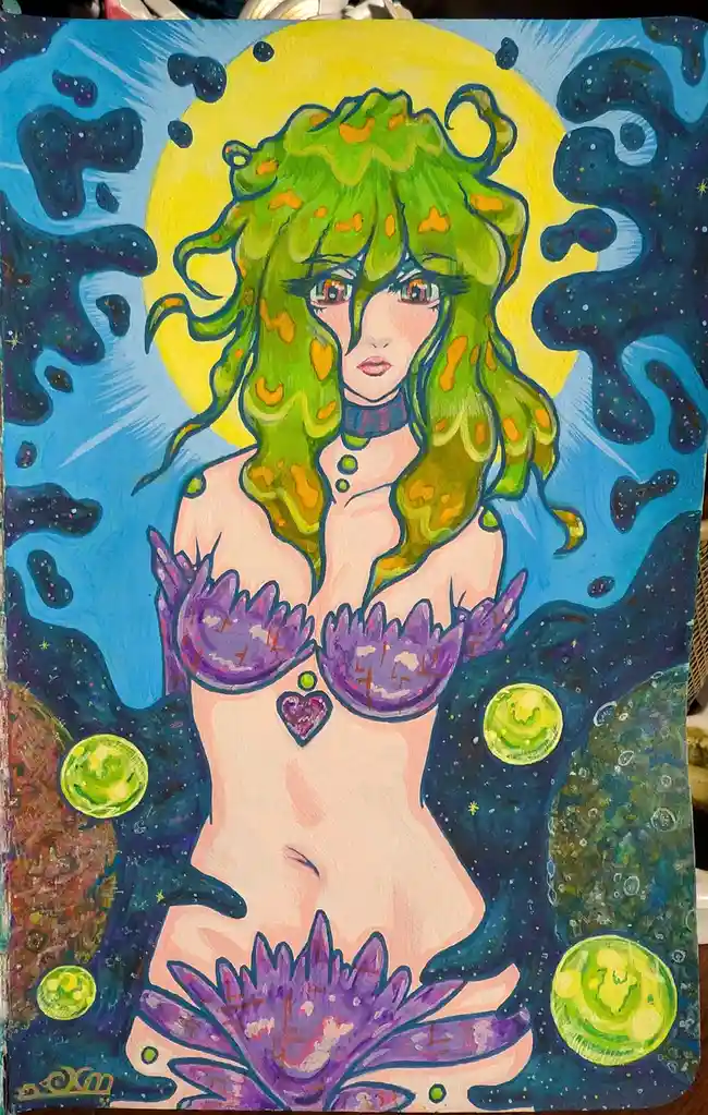 A colorful, stylized painting depicts a female figure with long, green, tentacle-like hair and purple, flower-shaped armor…
