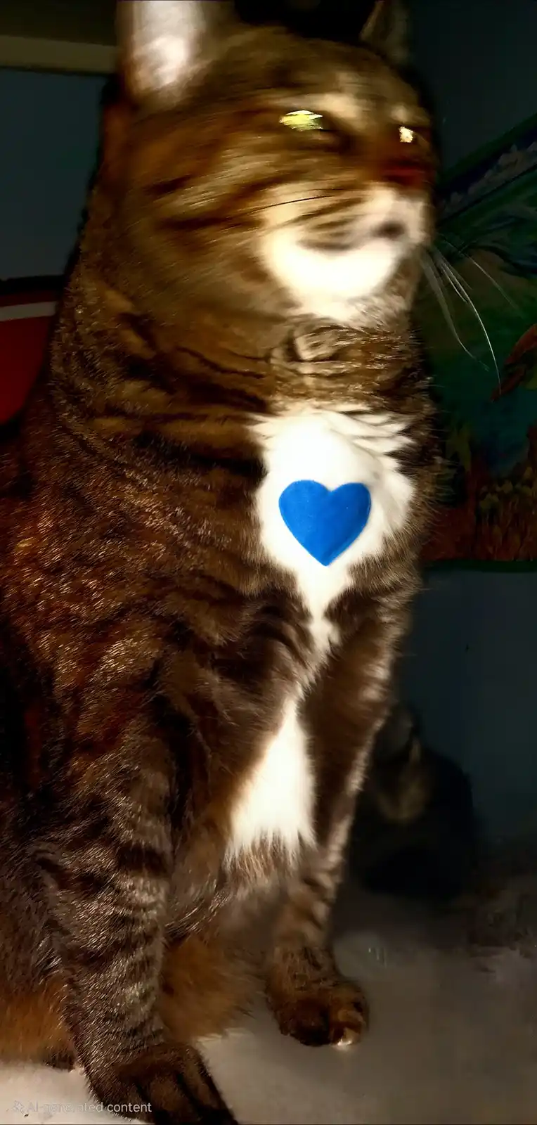A blurry photo of a brown tabby cat with a white chest, featuring a bright blue heart sticker placed directly on its chest…