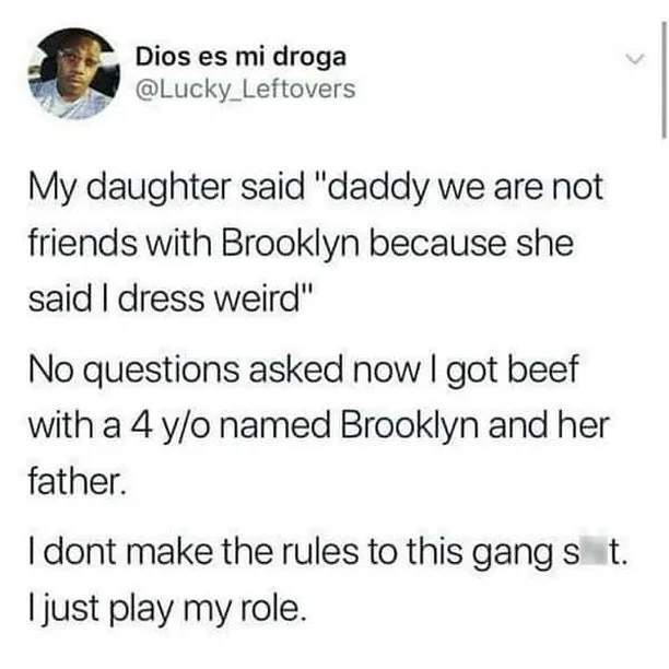A screenshot of a tweet by user @Lucky_Leftovers showing a humorous parental response to a child's complaint about a friend…