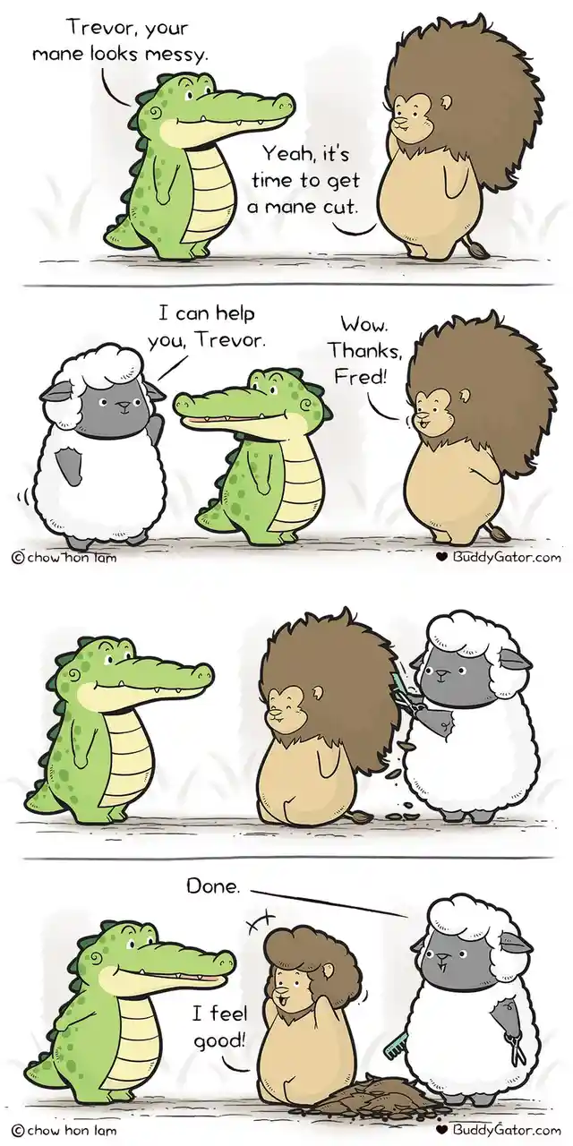 A four-panel comic shows a green alligator named Trevor telling a lion named Fred his mane is messy and needs a cut. A sheep…