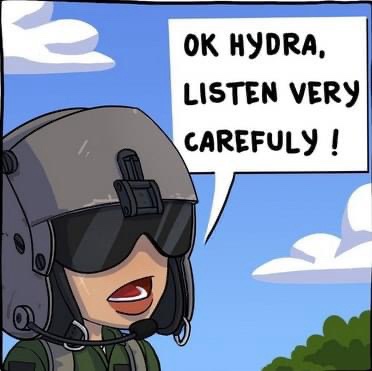 A cartoon character wearing a military helmet and goggles speaks with a speech bubble that reads 'OK HYDRA, LISTEN VERY…