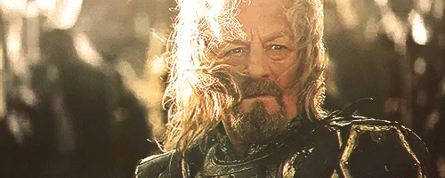 The image shows a sequence of six frames featuring a man with long, wavy blonde hair and a beard, wearing dark armor with…