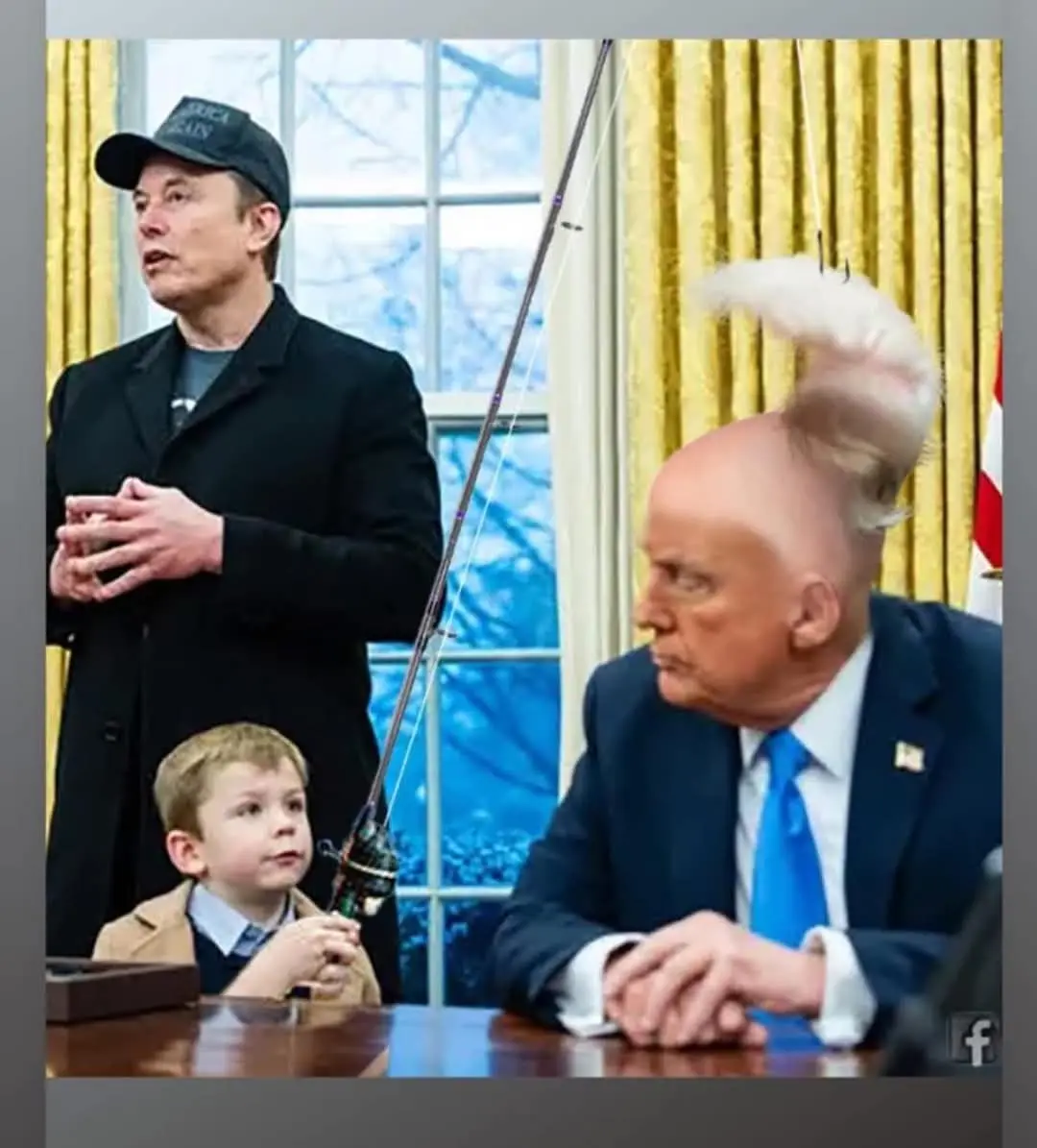 In an edited image, Elon Musk stands holding a fishing rod, its line hooked into the top of Donald Trump's hair, which is…