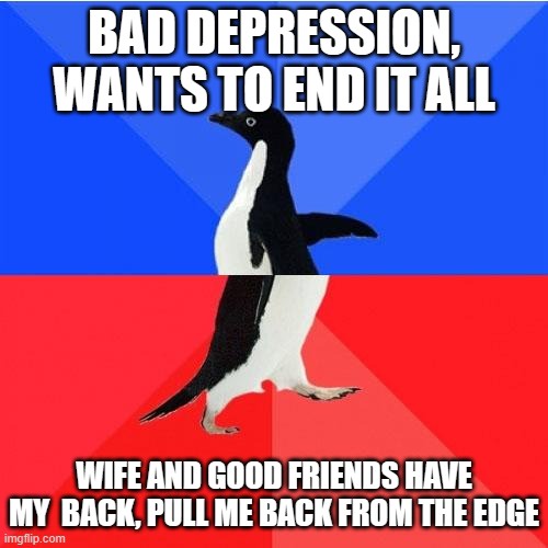 A black-and-white penguin stands centered on a split background of blue and red, with bold white text overlaid. The top text…