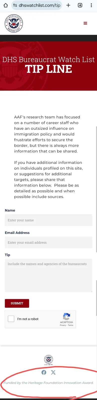 A screenshot of a website titled 'DHS Bureaucrat Watch List TIP LINE' shows a form for submitting tips about government…