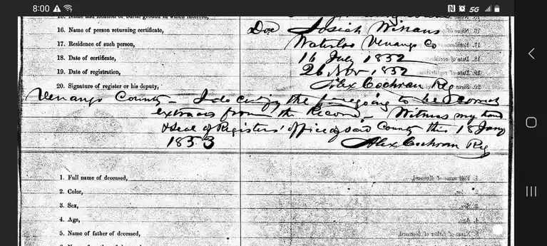 A historical death certificate form from 1833, filled out in cursive handwriting, shows the name 'Doc Isaih Minans' and…