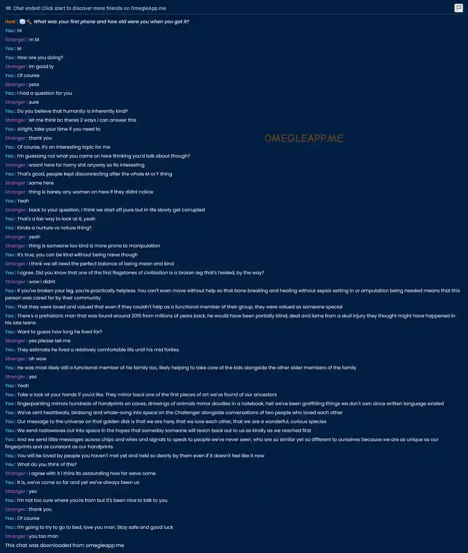 A screenshot of an Omegle chat log showing a philosophical conversation between two strangers, one of whom asks about…