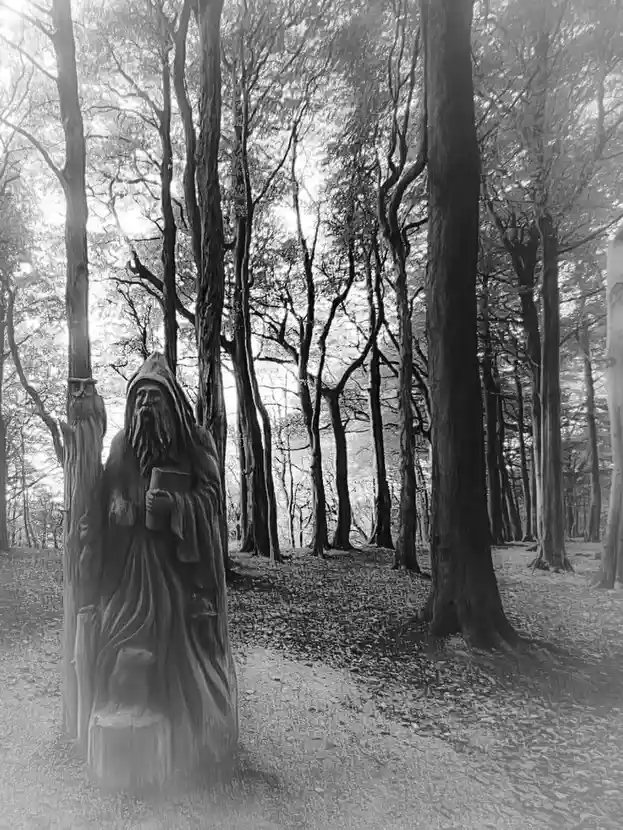 A black-and-white photo shows a detailed wooden carving of a bearded wizard with a hood, standing in a forest. The wizard…