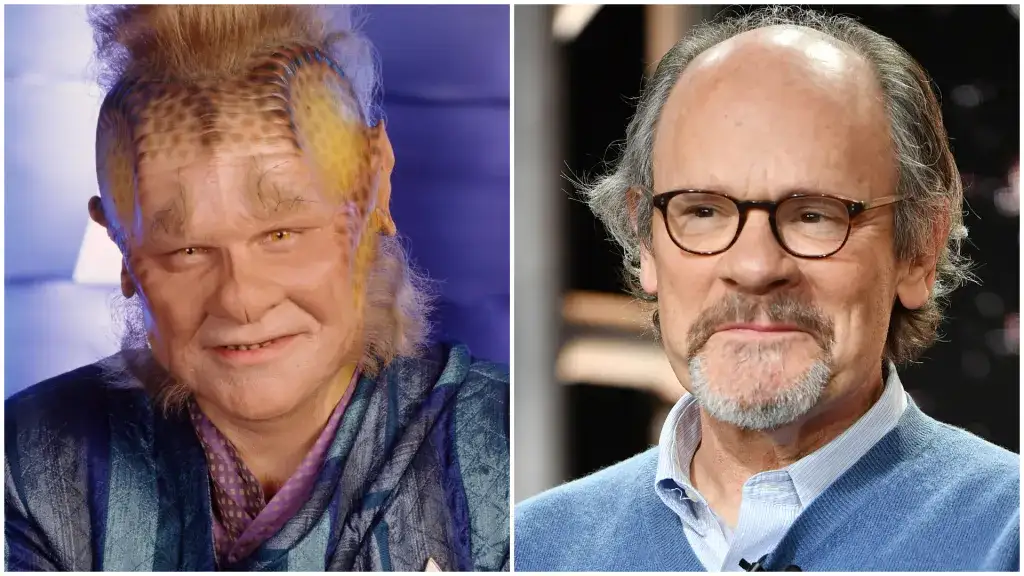side-by-side image of actor John de Lancie as the character Q from star trek, with his distinctive alien makeup and…