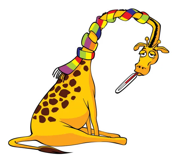 A cartoon giraffe sits down with a rainbow scarf wrapped around its neck and head, looking exhausted while holding a…