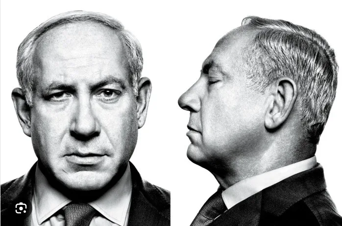 A black-and-white image shows two side-by-side portraits of Benjamin Netanyahu: one facing forward with a stern expression…