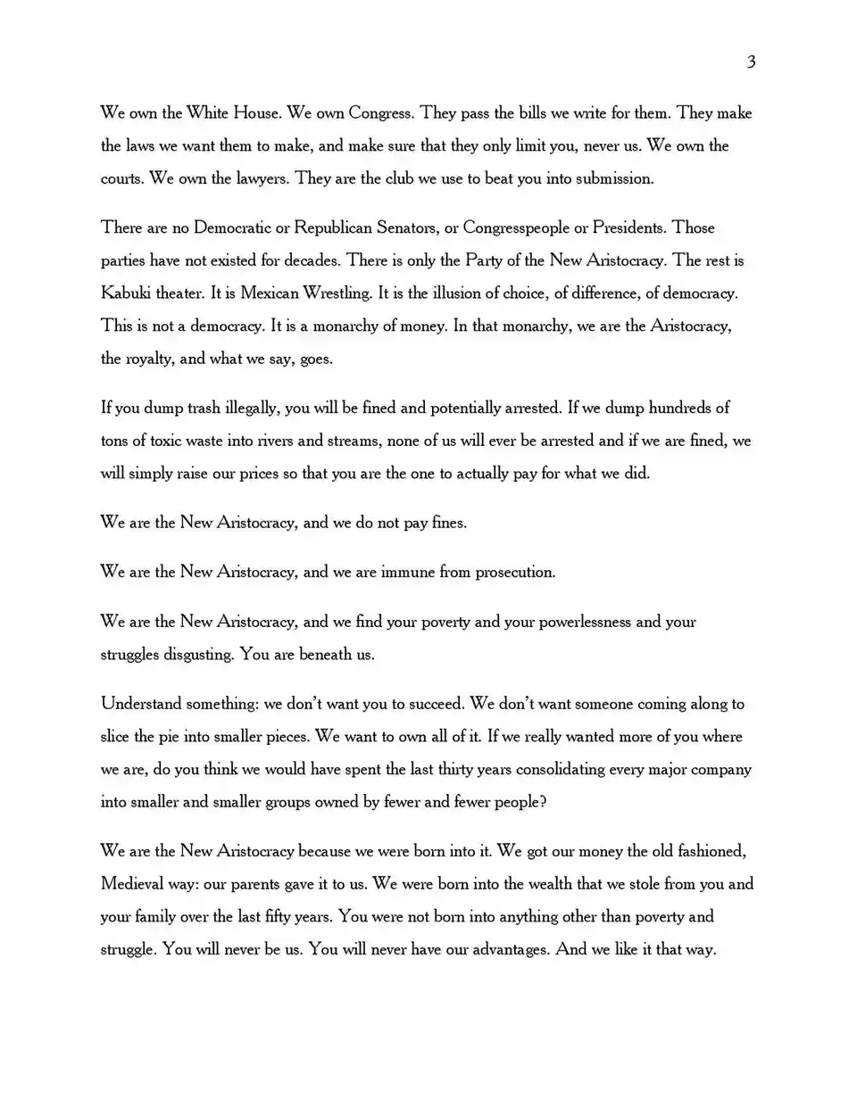 The image displays page 3 of a typed document with black text on a white background, detailing a manifesto from 'the New…