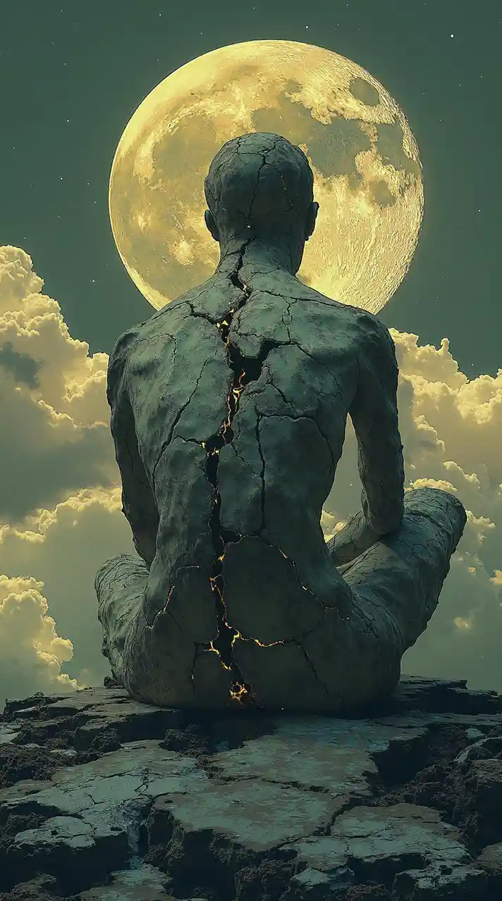 A cracked, stone-like humanoid figure sits cross-legged on a rocky outcrop, facing away from the viewer toward a massive…