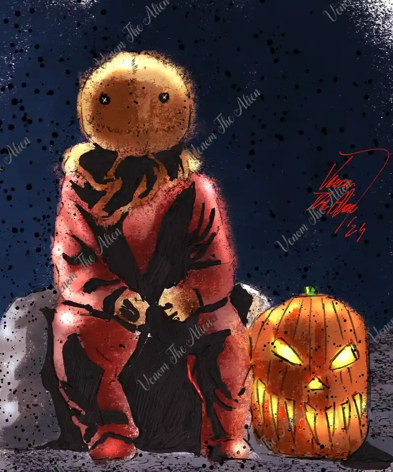 A cartoonish, stitched scarecrow-like figure in a red outfit sits beside a glowing jack-o'-lantern under a dark, speckled…