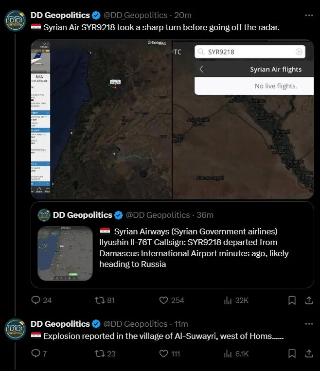 A screenshot of a Twitter thread from DD Geopolitics shows a flight tracking map with a flight path ending abruptly near…