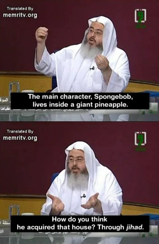 A two-panel meme featuring a man in white robes and glasses speaking at a desk. In the top panel, a black text box reads…