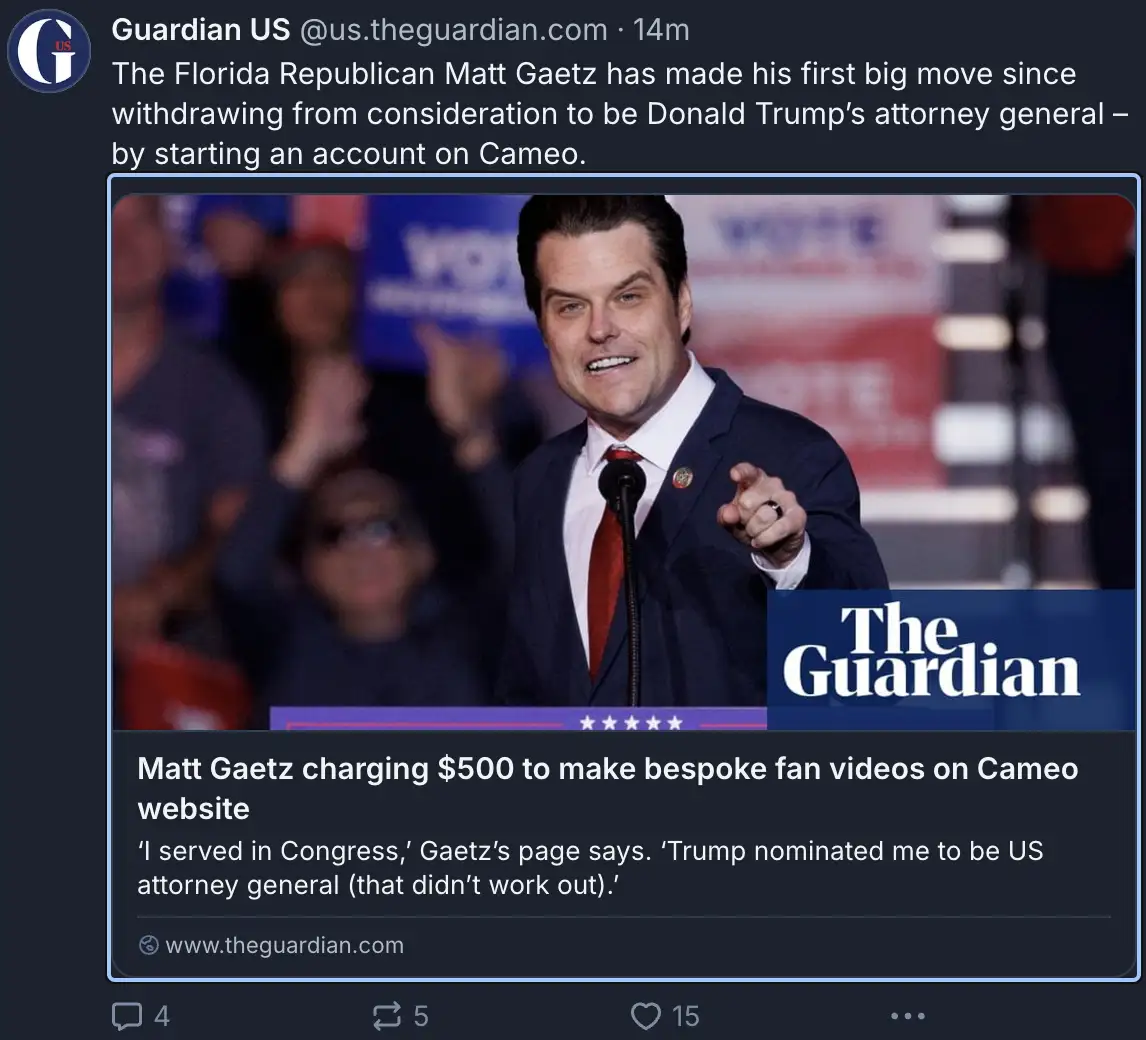 A screenshot of a Guardian US tweet shows a photo of politician Matt Gaetz speaking at a rally, pointing forward. The tweet…
