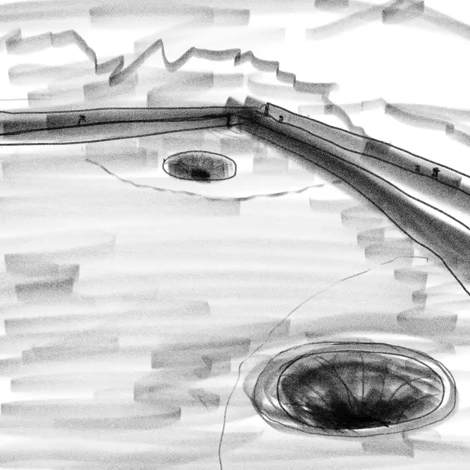 A black and white sketch depicts a stylized, abstract landscape with two large, dark, circular voids resembling sinkholes or…