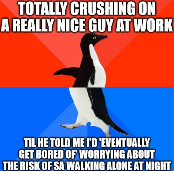 A penguin stands against a red and blue background, with white text overlaid in two sections. The top text reads 'TOTALLY…