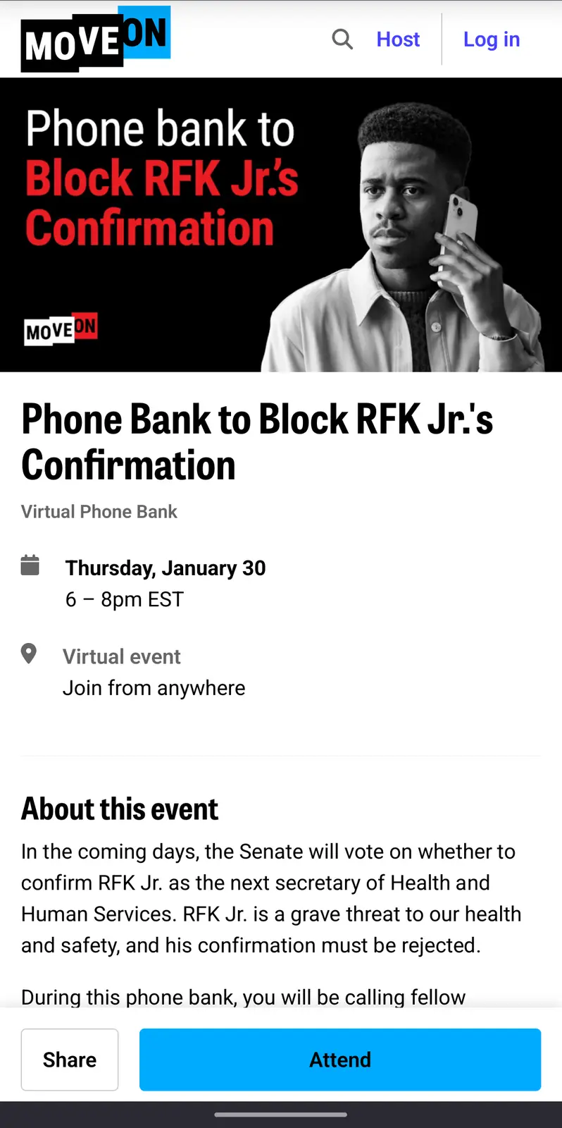 A screenshot of a MoveOn.org event page promoting a virtual phone bank to oppose RFK Jr.'s Senate confirmation as Secretary…