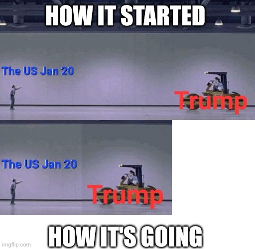 The image is a two-panel meme showing a person standing on a stage pointing at a forklift with a person inside. The top…