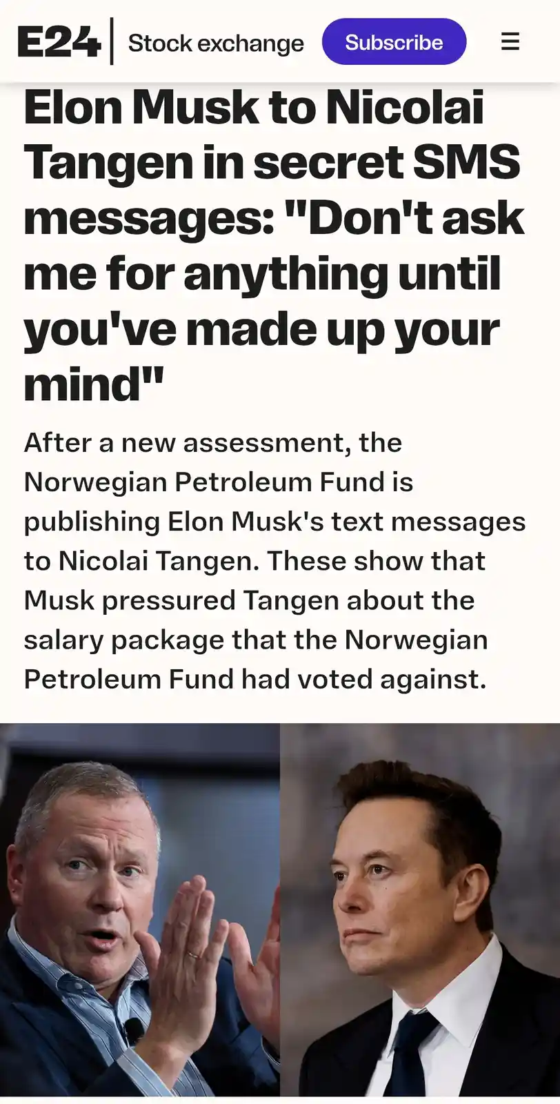 The image displays a news article headline from E24 about Elon Musk sending secret SMS messages to Nicolai Tangen, advising…