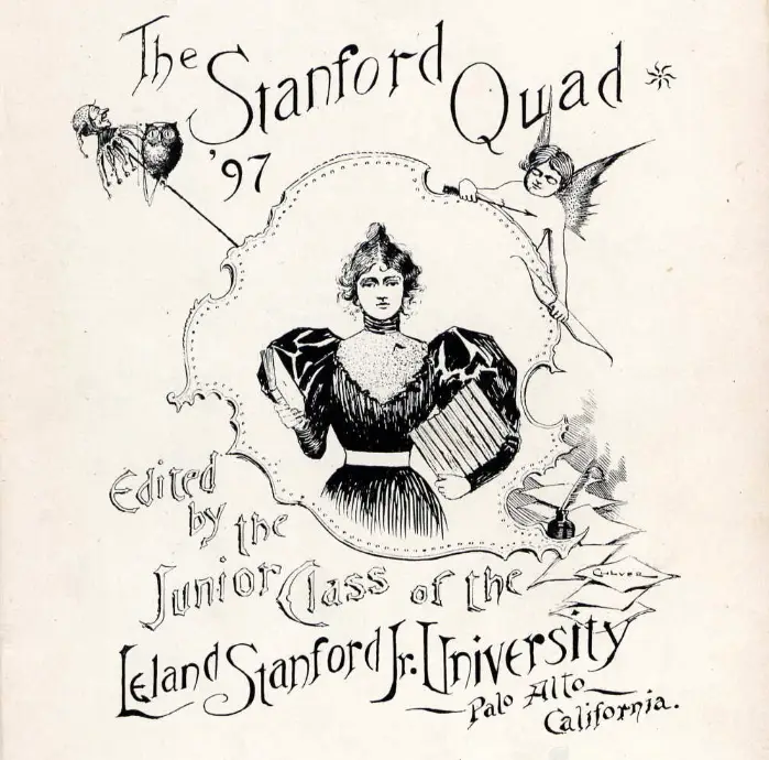 A vintage black-and-white illustration shows a woman in a 19th-century dress holding a book, framed by decorative swirls…