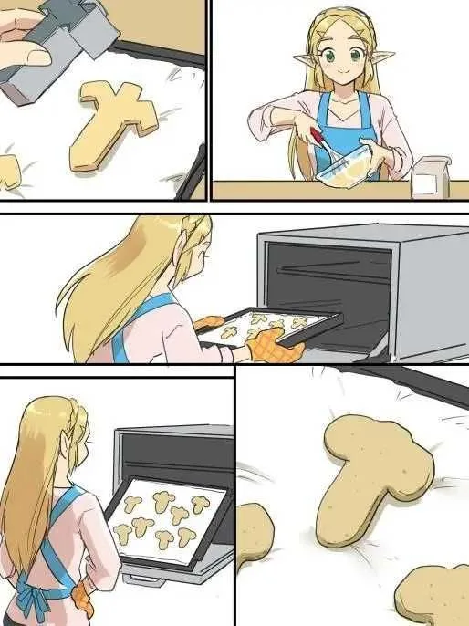A five-panel comic shows a blonde elf woman making cross-shaped cookies. She presses the dough, bakes it, and opens the oven…