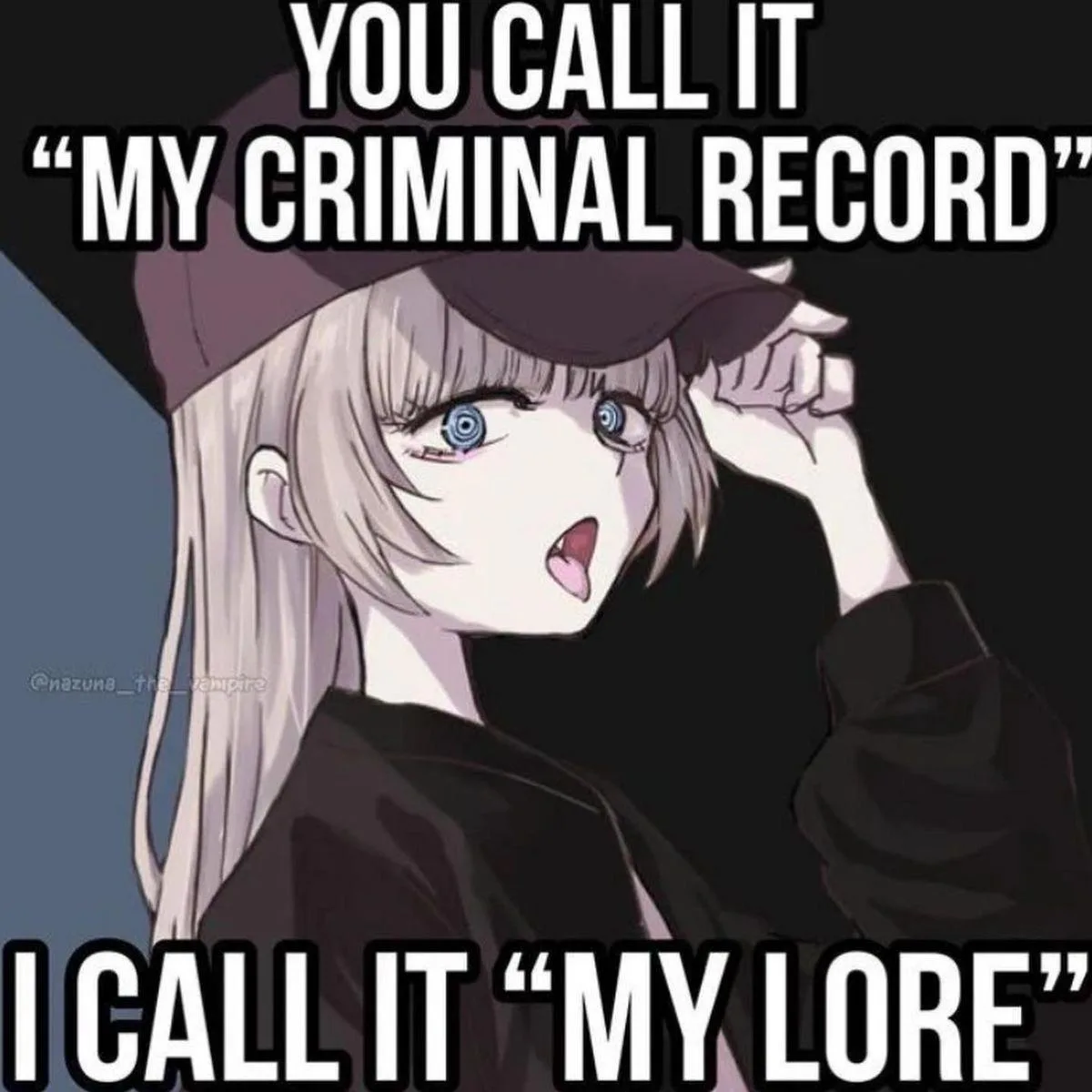 An anime girl with silver hair and blue eyes, wearing a dark hat and black clothing, looks shocked with her hand on her…