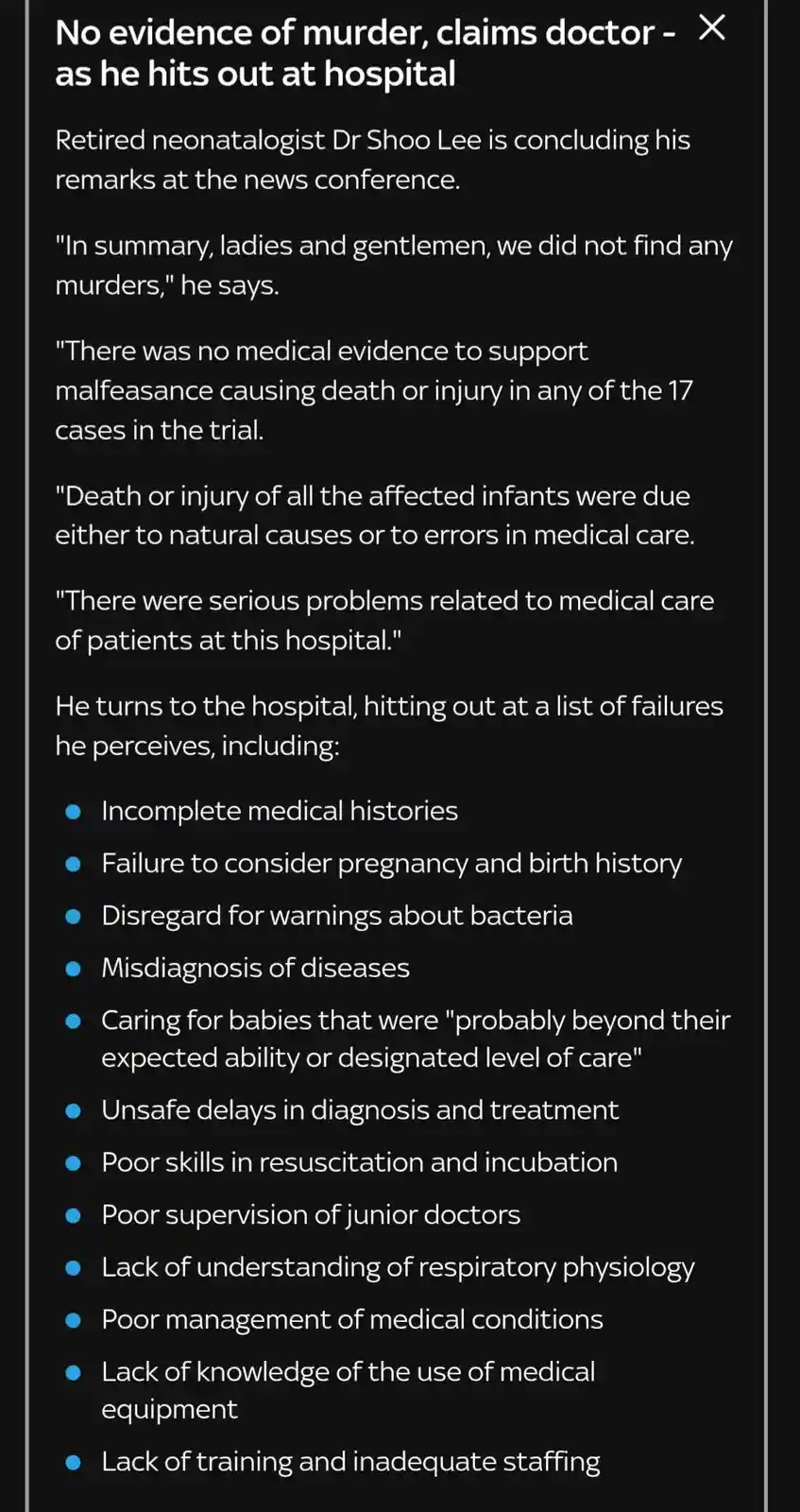 A screenshot of a news article about retired neonatologist Dr. Shoo Lee, who claims there's 'no evidence of murder' in a…