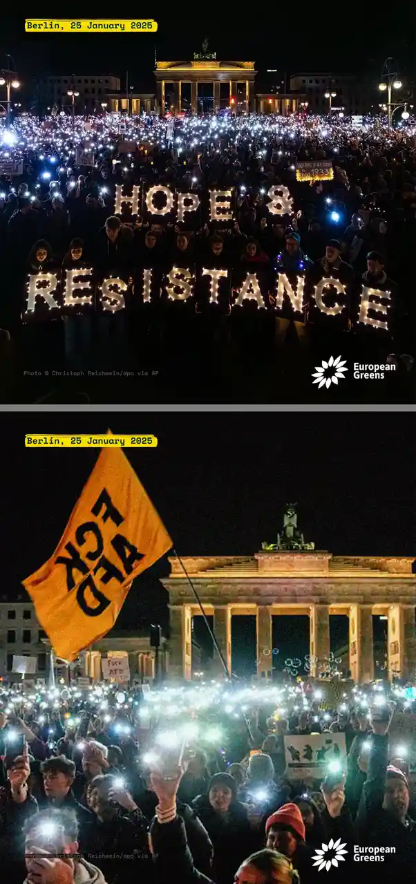 Two images show a large nighttime protest in Berlin with the Brandenburg Gate in the background. In the top image…