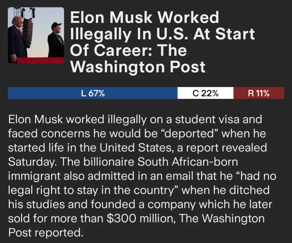 A screenshot of a news article from The Washington Post with a headline stating 'Elon Musk Worked Illegally In U.S. At Start…