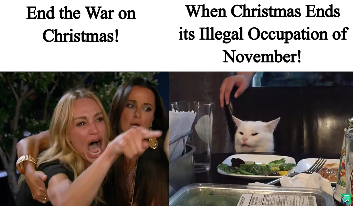 The image is a split-screen meme. The left panel shows two women from 'The Real Housewives of Beverly Hills' with one…