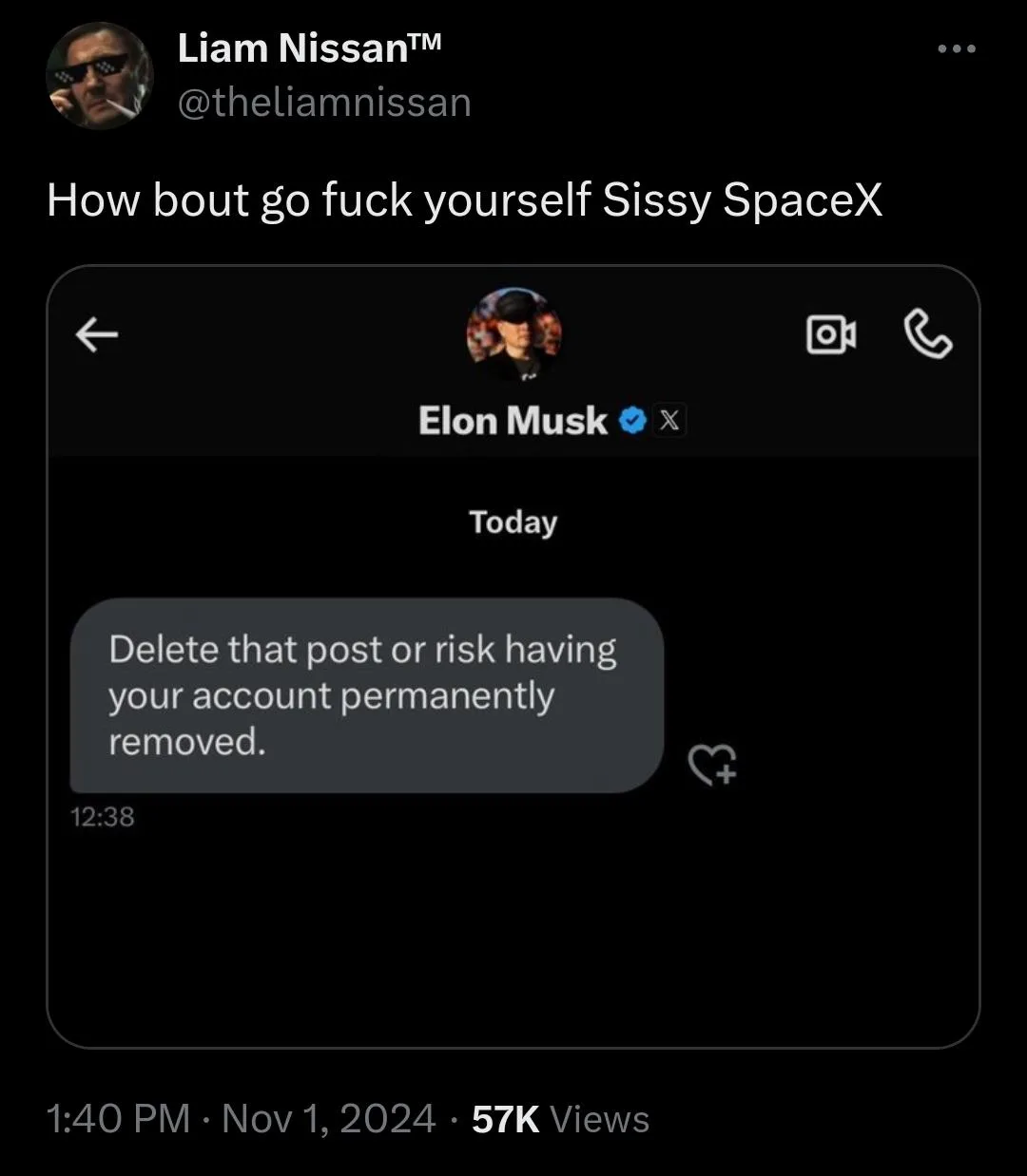 A screenshot of a Twitter/X direct message from Elon Musk to user Liam Nissan, where Musk's message reads 'Delete that post…
