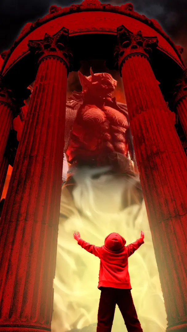 A small child in a red hoodie stands with arms raised in surrender before a giant demonic statue framed by red columns. The…