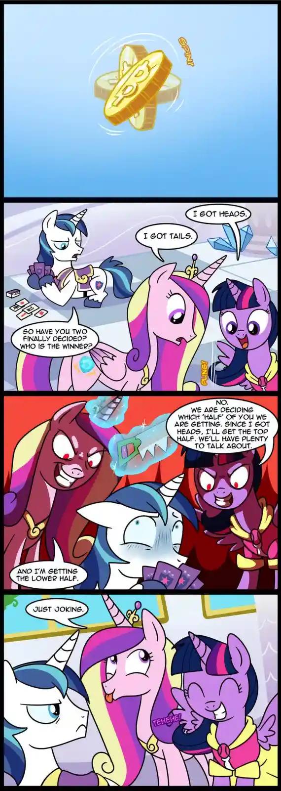 A four-panel comic strip featuring My Little Pony characters. The top panel shows a spinning gold coin with 'PLING!' sound…