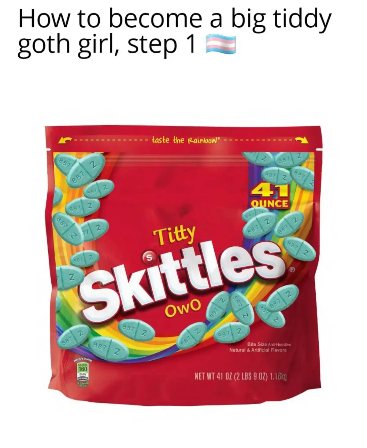 A large red bag of Skittles candy is shown with the brand name altered to 'Titty Skittles OWO' and the candies are teal. The…