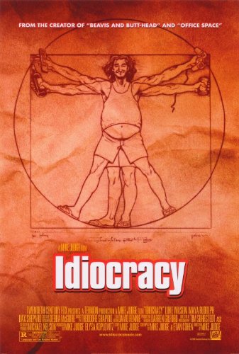 The image is a movie poster for 'Idiocracy' featuring a man in a tank top and shorts standing inside a golden ratio circle…