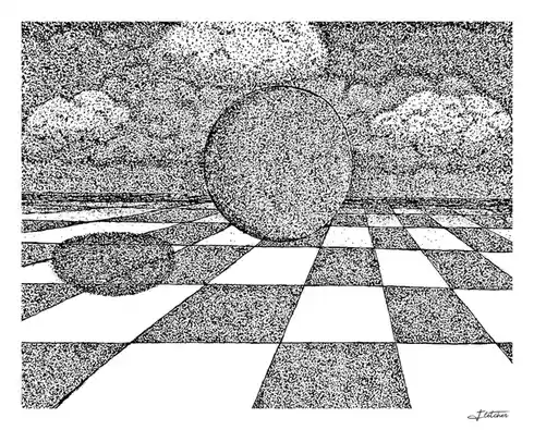 A black-and-white dot-art illustration shows a large sphere resting on a checkered floor that recedes into perspective. The…