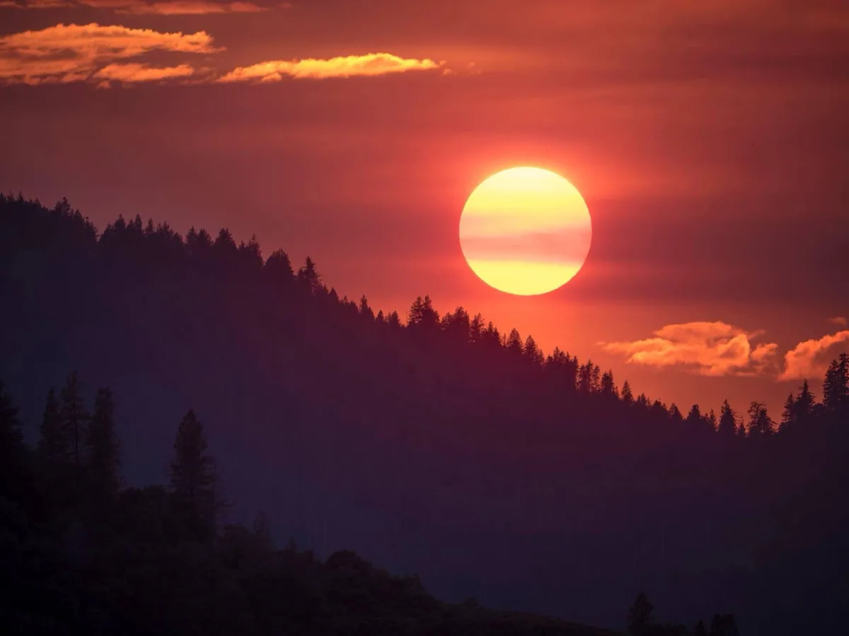 A vibrant sunset with a large, glowing orange-yellow sun positioned above a dark silhouette of a forested hill. The sky is…