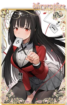 An anime girl with long black hair and red eyes, wearing a red and white school uniform, holds a playing card to her mouth…