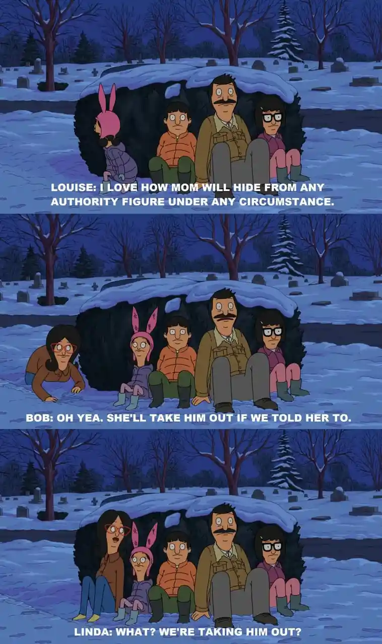 Three panels show the Bob's Burgers family sitting in a snowy cemetery under a large tombstone. In the first, Louise says…