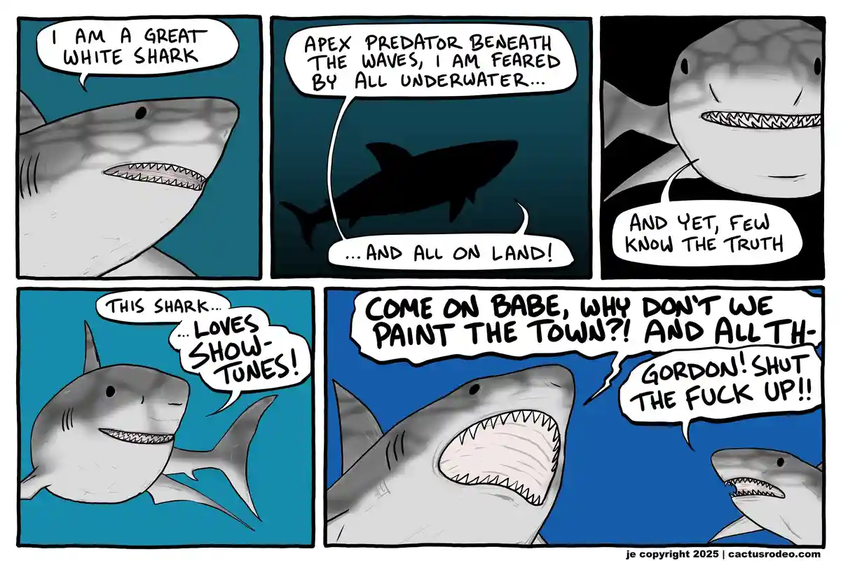 A comic strip featuring a great white shark boasting about being an apex predator feared by all, only to reveal a hidden…