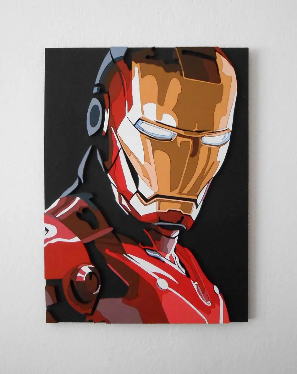 A stylized painting of Iron Man's helmet and upper torso, featuring his iconic red and gold armor with glowing blue eyes…