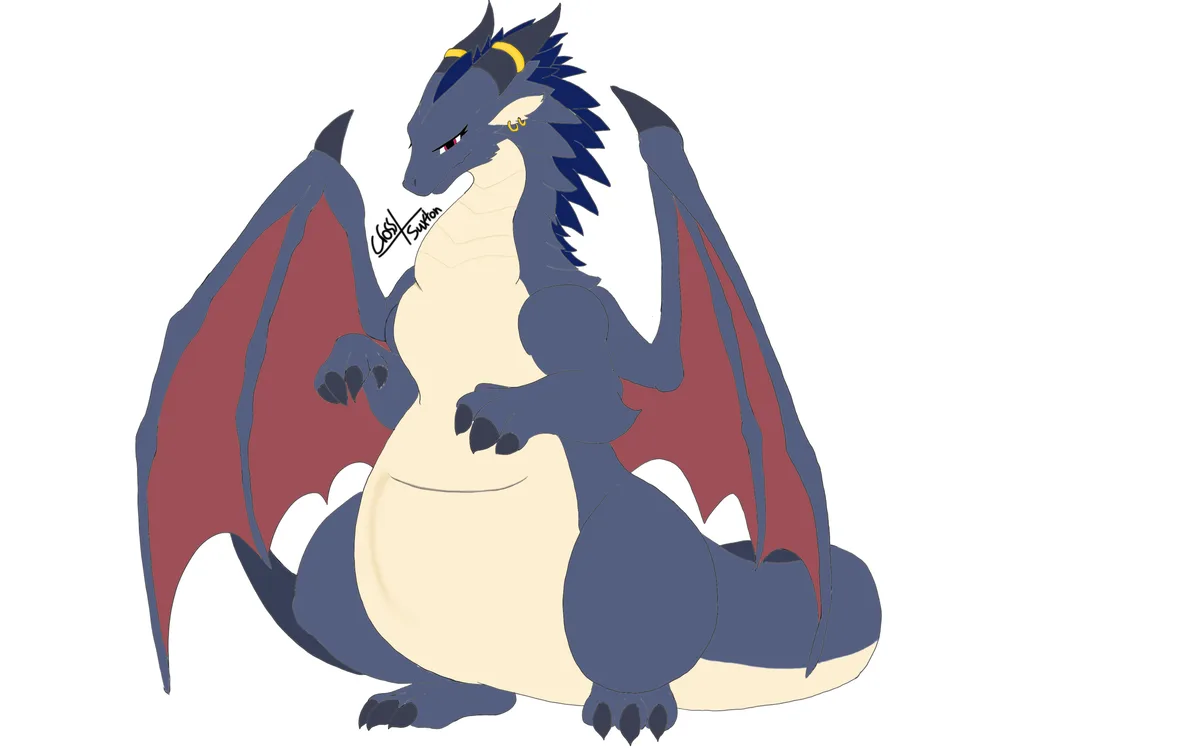 A cartoon dragon with blue-gray scales, cream-colored underbelly, and red inner wings sits against a black background. It…