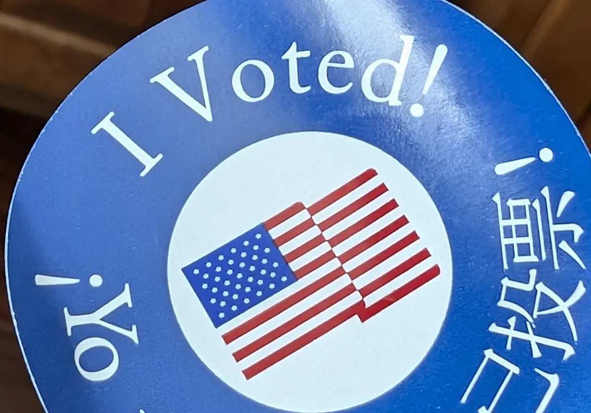A close-up of a circular blue 'I Voted!' sticker featuring a white circle with a stylized American flag in the center. The…